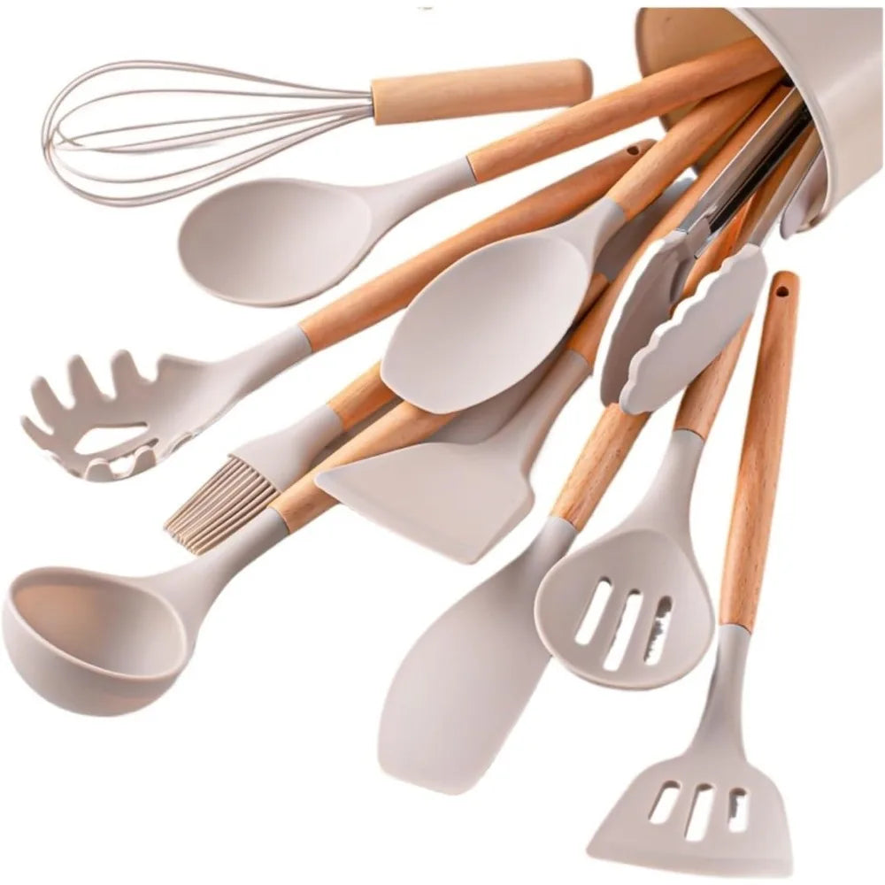 12Pcs Food Grade Silicone Cooking Utensil Set Natural Wooden Handle Heat Resistant Non-Stick Kitchen Tools with Storage Holder Secondary image