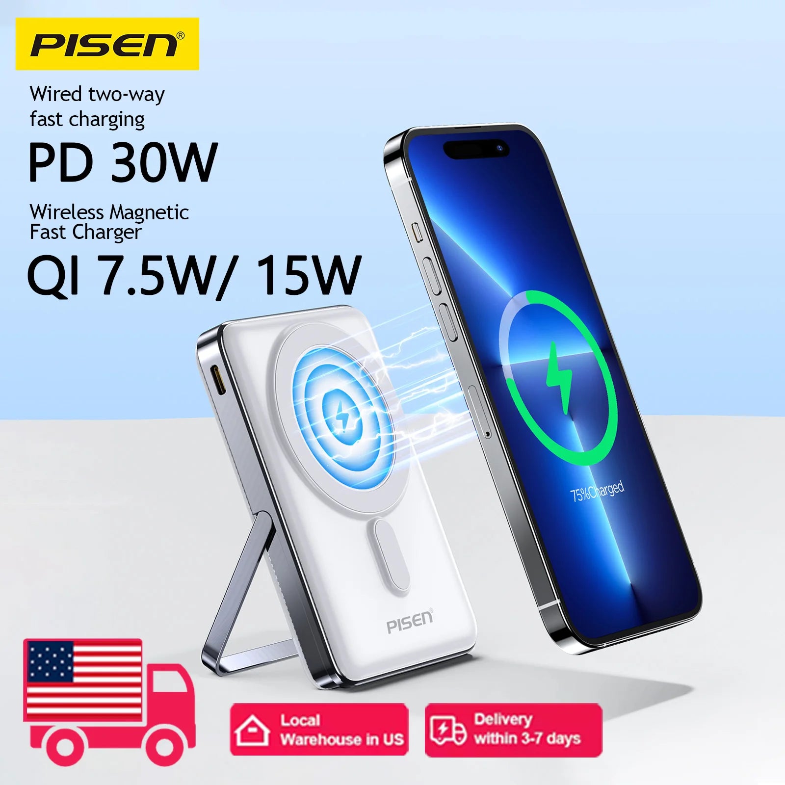 PISEN Magnetic Wireless Power Bank with Built in Stand MagSafe Compatible 30W USB C Fast Charging  for iPhone Samsung Huawei Main image