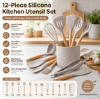 12Pcs Food Grade Silicone Cooking Utensil Set Natural Wooden Handle Heat Resistant Non-Stick Kitchen Tools with Storage Holder