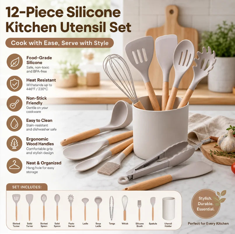 12Pcs Food Grade Silicone Cooking Utensil Set Natural Wooden Handle Heat Resistant Non-Stick Kitchen Tools with Storage Holder Main image