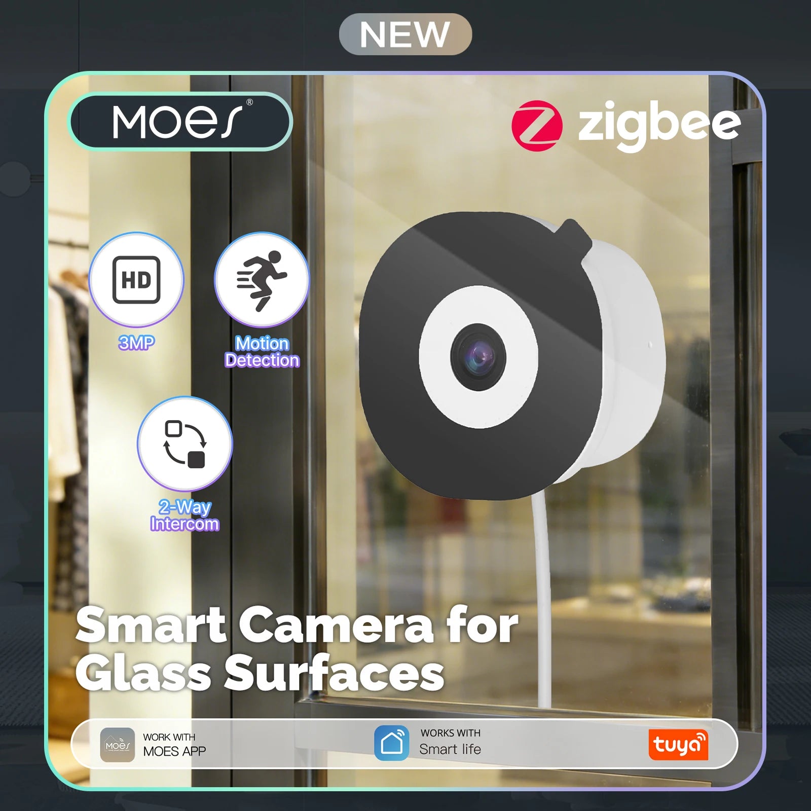 MOES Tuya WiFi Smart 3MP Window Camera For Glass Surface Full Color Night Vision Home Security Surveillance Motion Detection Main image