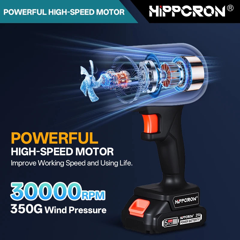 Hippcron 21V Cordless Leaf Blower 30000RPM Powerful High-Speed Motor USB-Cable Clutter Clearing Fallen Leaves/Debris