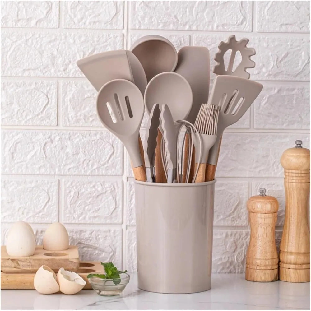 12Pcs Food Grade Silicone Cooking Utensil Set Natural Wooden Handle Heat Resistant Non-Stick Kitchen Tools with Storage Holder