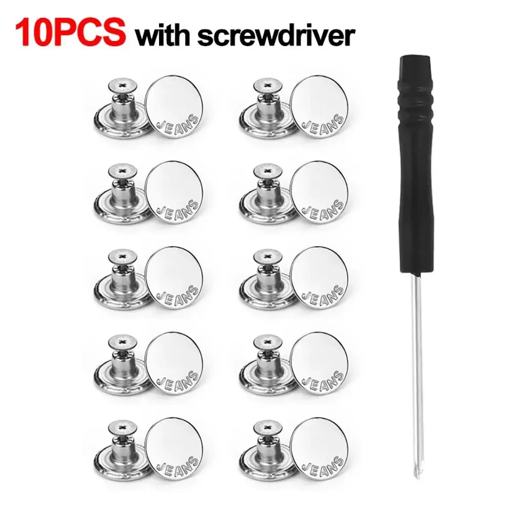 10Pcs Metal Jeans Buttons 17mm Replacement No-Sewing Screw Button Repair Kit Nailless Removable Jean Buckles Clothing Pants Pins