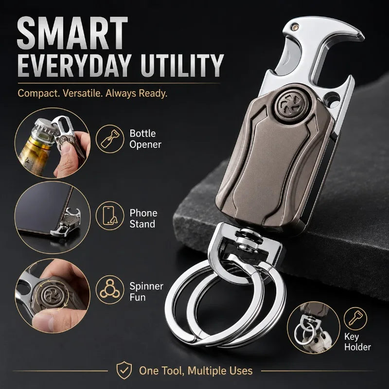 Metal Keychain Fidget Spinner Bottle Opener 4-in-1 Car Key Holder with Phone Stand Alloy EDC Key Ring Portable Gadget Tool Gift
