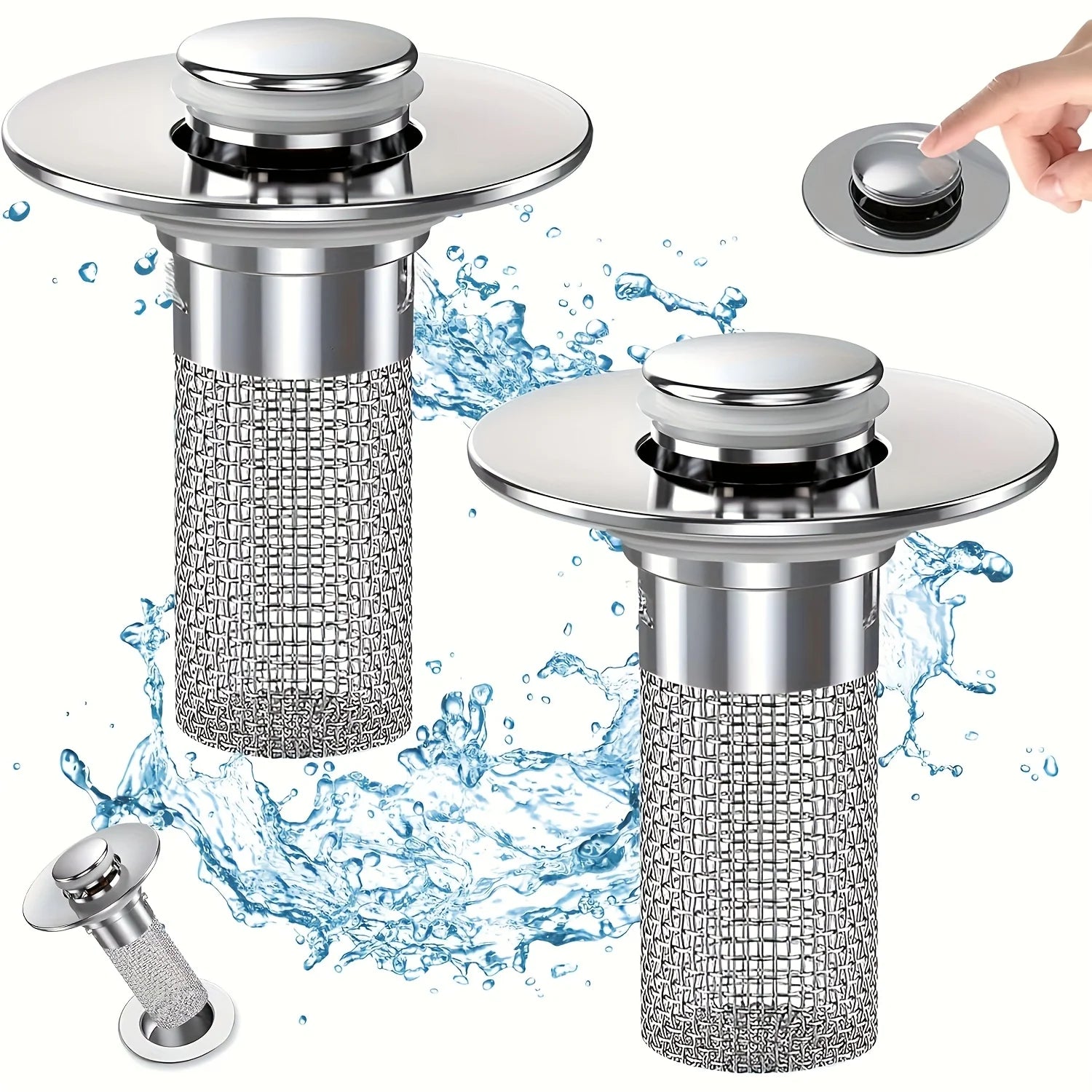 2-Pack Stainless Steel Pop-Up Sink Drain Strainer – Removable Basket! Clog-Preventing Hair Catcher for Bathtub/Shower/Sink Main image