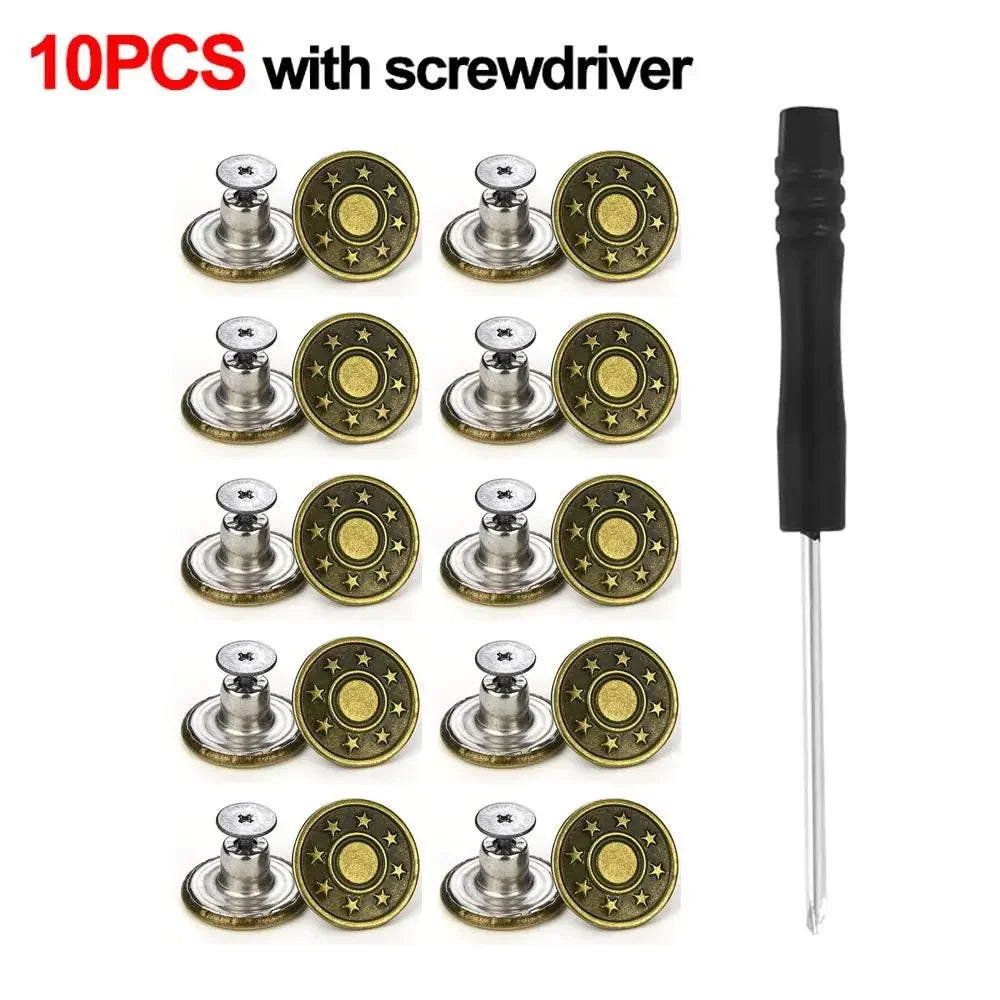 10Pcs Metal Jeans Buttons 17mm Replacement No-Sewing Screw Button Repair Kit Nailless Removable Jean Buckles Clothing Pants Pins