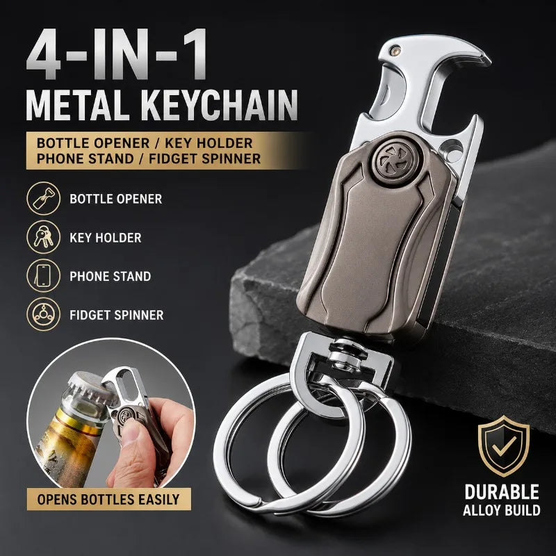 Metal Keychain Fidget Spinner Bottle Opener 4-in-1 Car Key Holder with Phone Stand Alloy EDC Key Ring Portable Gadget Tool Gift