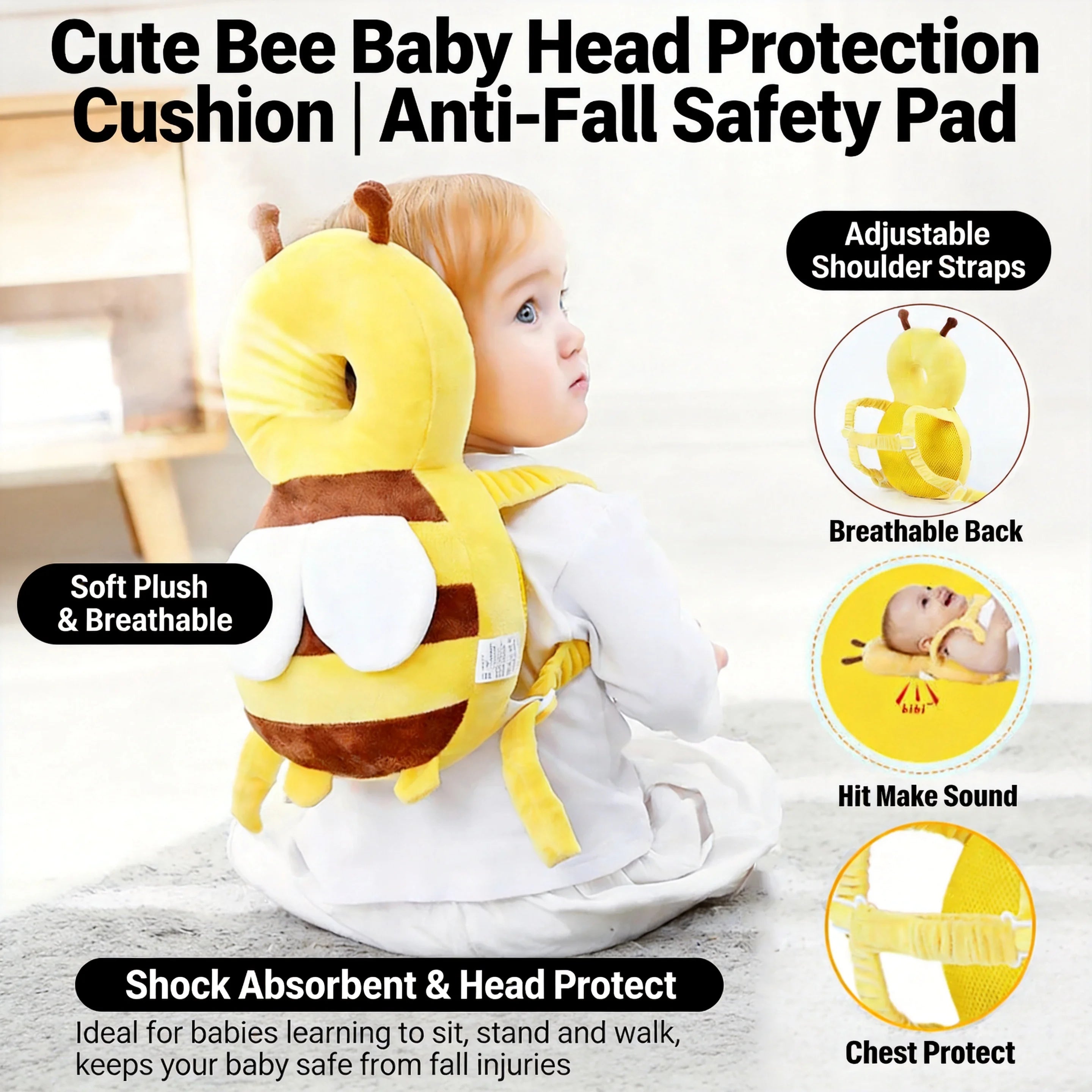 Baby Head Back Protector Pillow, Toddler Learn Walk Safety Pad, Prevent Fall Injury Protection, Cartoon Bee Kids Helmet