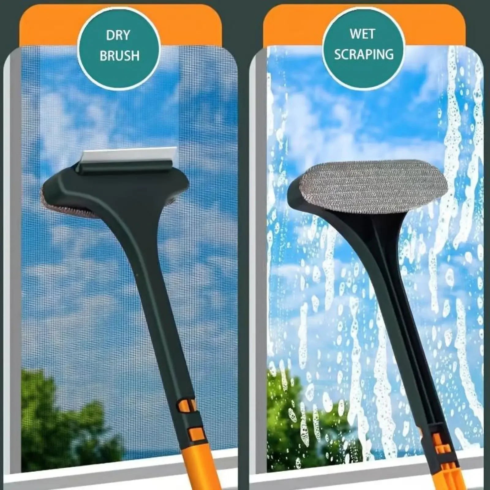 Household cleaning tools, window cleaning brush, cleaning supplies, 2-in-1 double-sided window screen cleaning brush and glass scraper with scraper, long handle, wet and dry use.