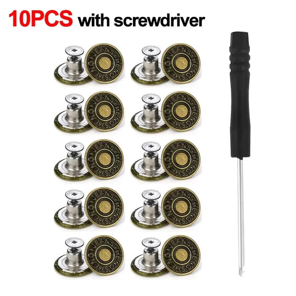 10Pcs Metal Jeans Buttons 17mm Replacement No-Sewing Screw Button Repair Kit Nailless Removable Jean Buckles Clothing Pants Pins
