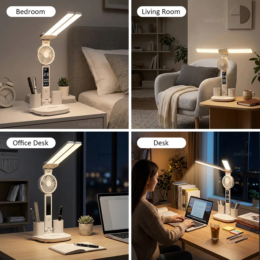 Double Headed Table Lamp With Fan Eye Protection Table Lamp LED Rechargeable Dimmable Smart Display Study Reading Night Light