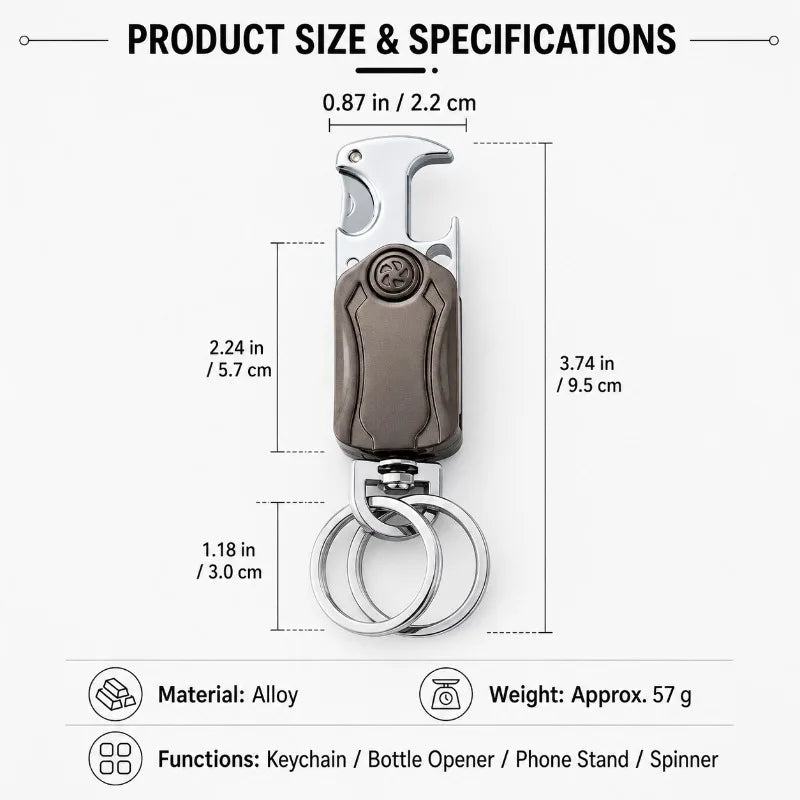Metal Keychain Fidget Spinner Bottle Opener 4-in-1 Car Key Holder with Phone Stand Alloy EDC Key Ring Portable Gadget Tool Gift