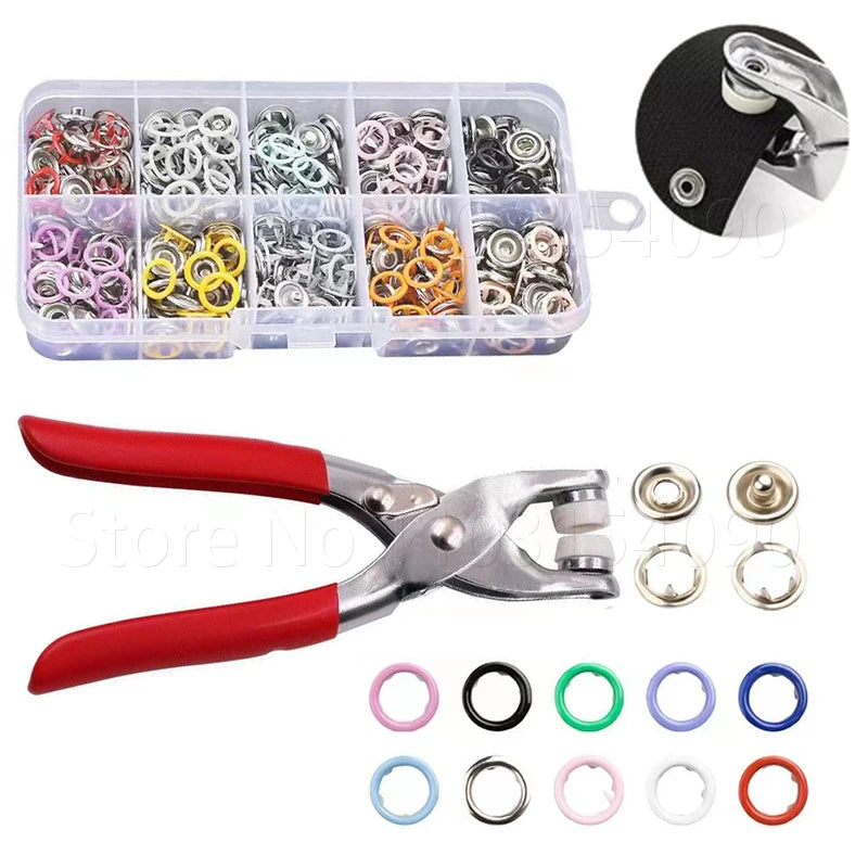 100Set Colorful Metal Sewing Buttons Plier Tool Hollow/Solid Prong Press Studs Snap Fasteners for Installing Clothes Bags Main image