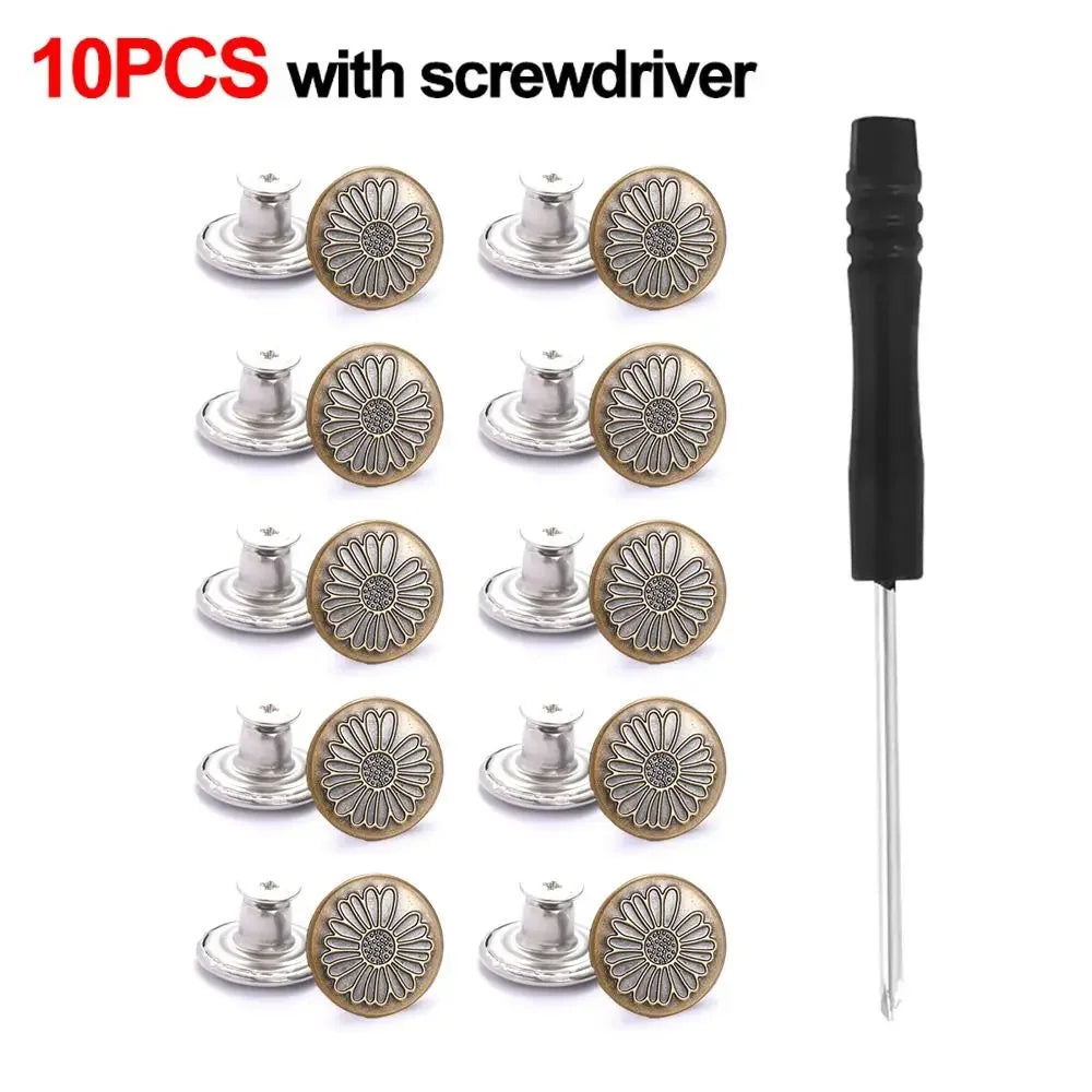 10Pcs Metal Jeans Buttons 17mm Replacement No-Sewing Screw Button Repair Kit Nailless Removable Jean Buckles Clothing Pants Pins