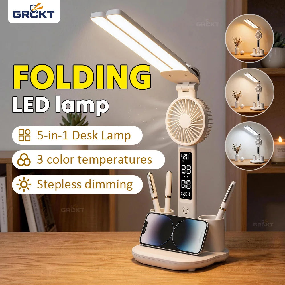 Double Headed Table Lamp With Fan Eye Protection Table Lamp LED Rechargeable Dimmable Smart Display Study Reading Night Light Main image
