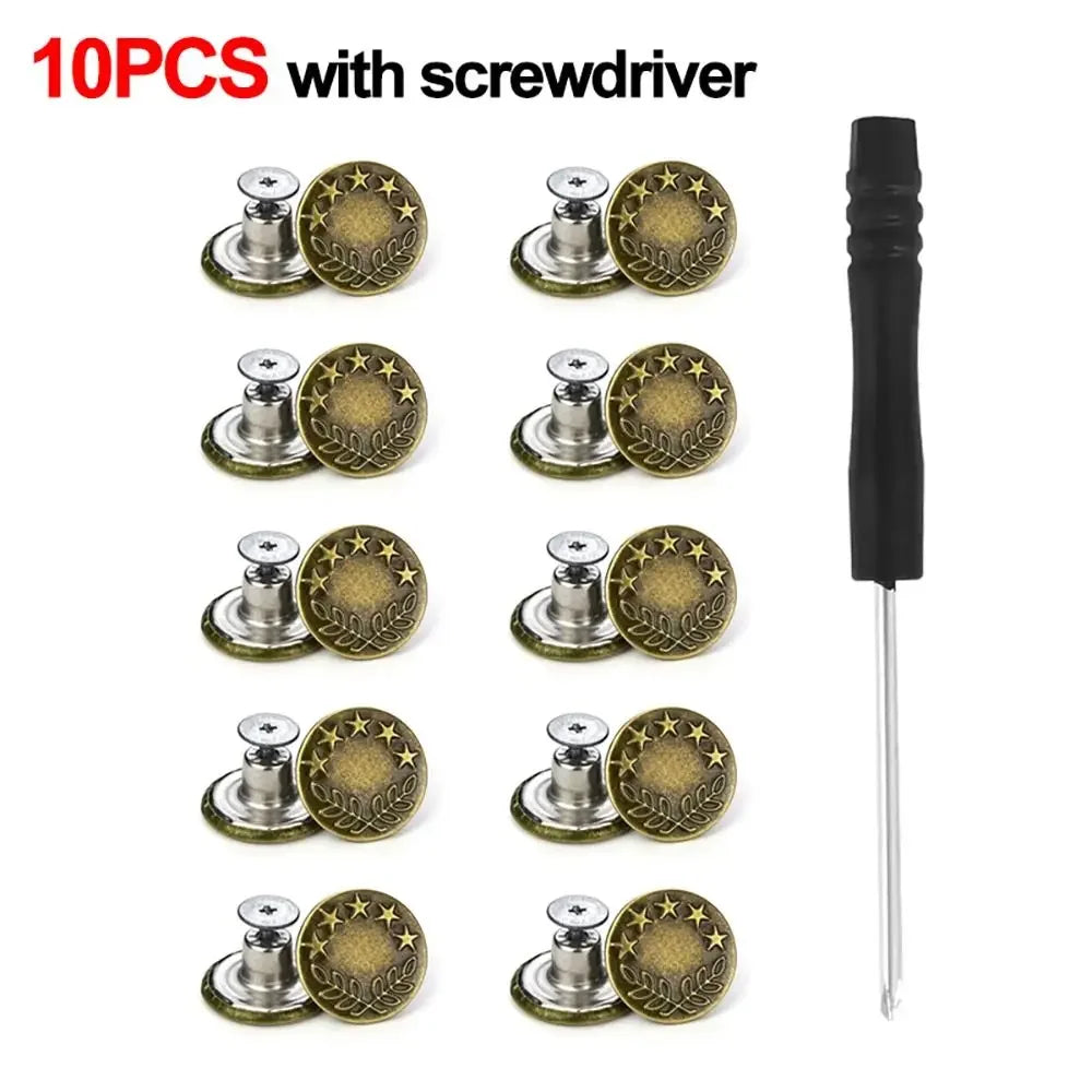 10Pcs Metal Jeans Buttons 17mm Replacement No-Sewing Screw Button Repair Kit Nailless Removable Jean Buckles Clothing Pants Pins