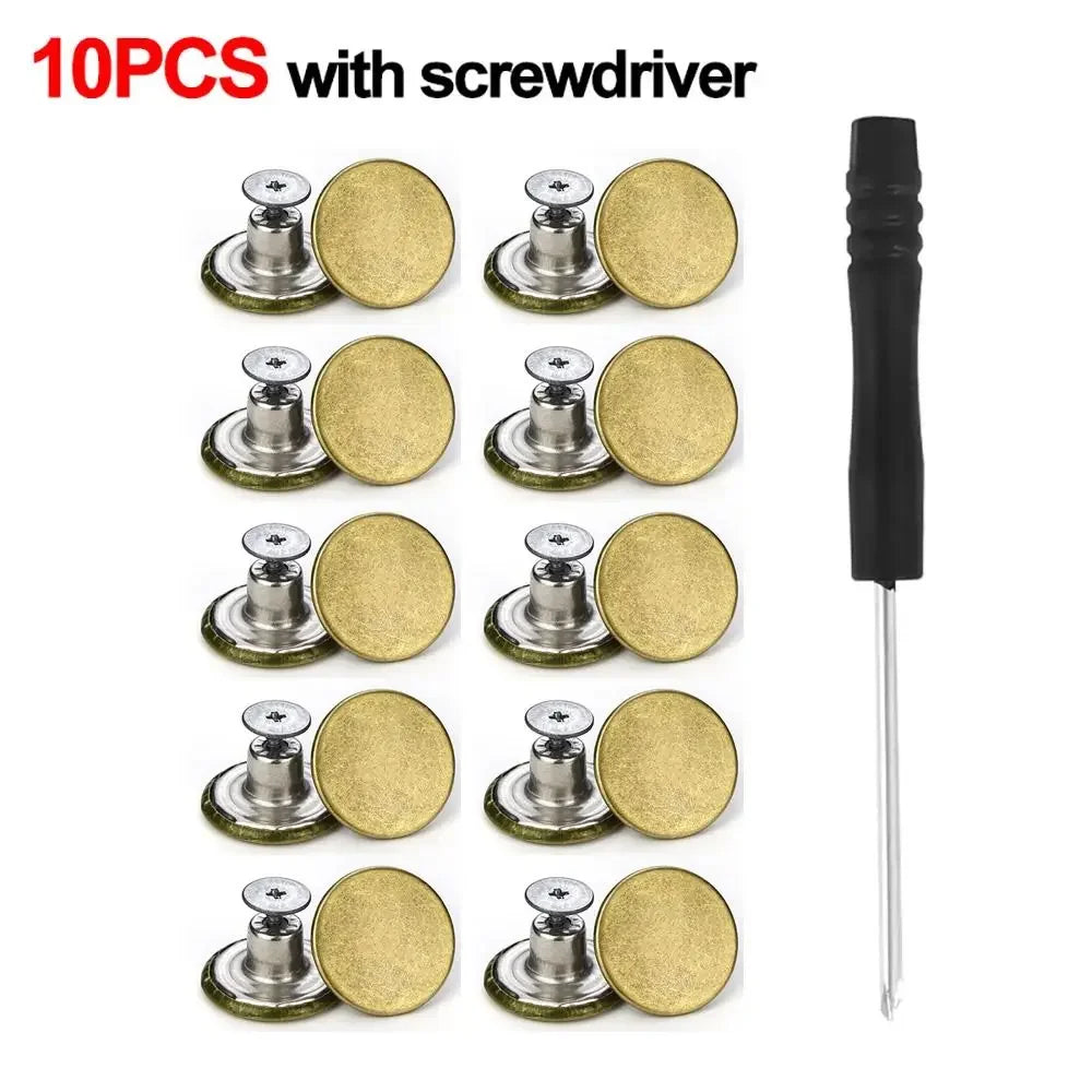10Pcs Metal Jeans Buttons 17mm Replacement No-Sewing Screw Button Repair Kit Nailless Removable Jean Buckles Clothing Pants Pins