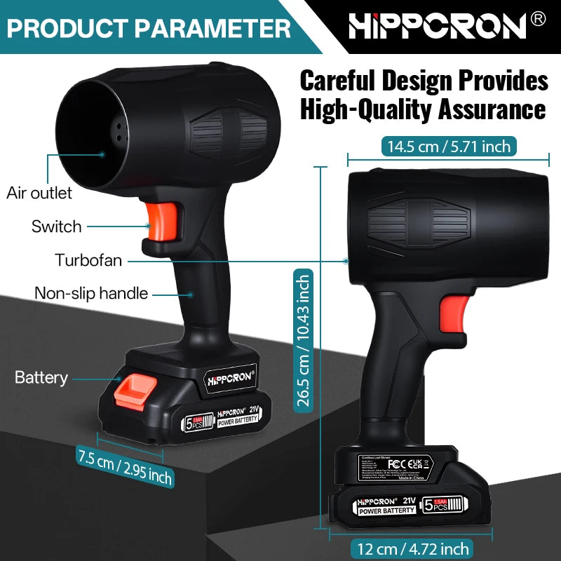 Hippcron 21V Cordless Leaf Blower 30000RPM Powerful High-Speed Motor USB-Cable Clutter Clearing Fallen Leaves/Debris
