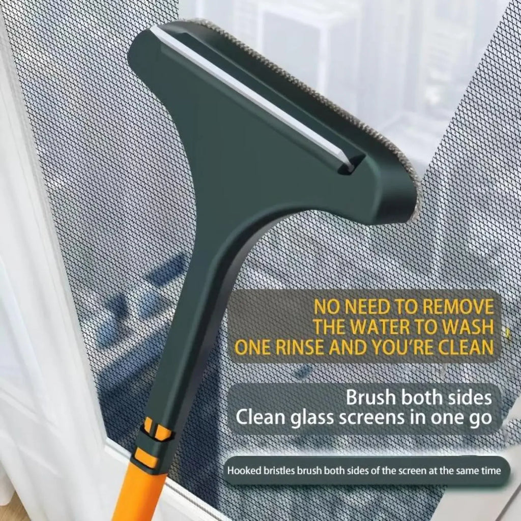 Household cleaning tools, window cleaning brush, cleaning supplies, 2-in-1 double-sided window screen cleaning brush and glass scraper with scraper, long handle, wet and dry use.