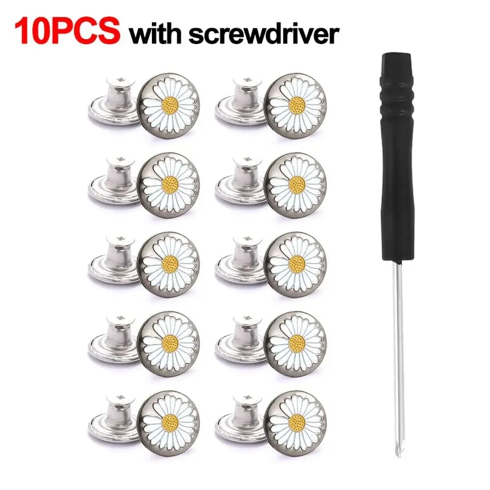 10Pcs Metal Jeans Buttons 17mm Replacement No-Sewing Screw Button Repair Kit Nailless Removable Jean Buckles Clothing Pants Pins