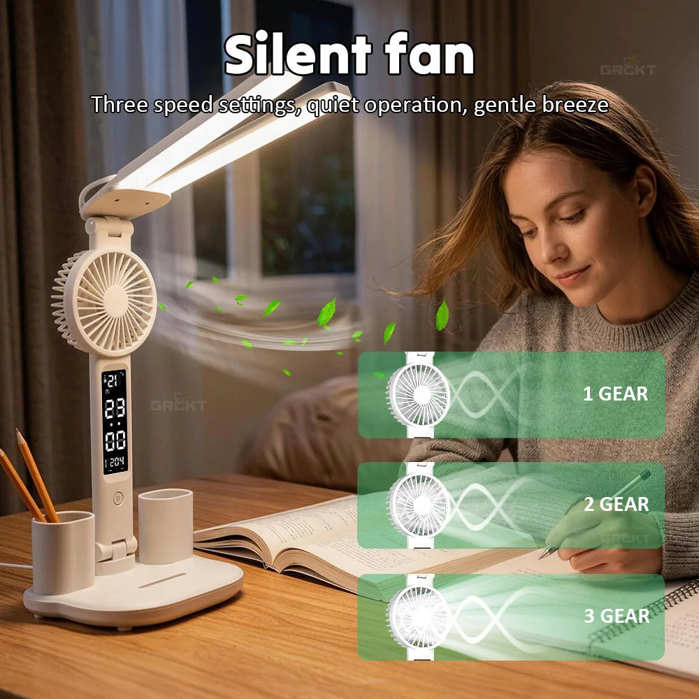 Double Headed Table Lamp With Fan Eye Protection Table Lamp LED Rechargeable Dimmable Smart Display Study Reading Night Light