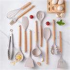 12Pcs Food Grade Silicone Cooking Utensil Set Natural Wooden Handle Heat Resistant Non-Stick Kitchen Tools with Storage Holder