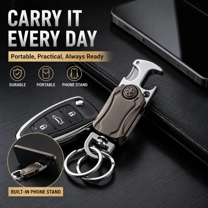 Metal Keychain Fidget Spinner Bottle Opener 4-in-1 Car Key Holder with Phone Stand Alloy EDC Key Ring Portable Gadget Tool Gift