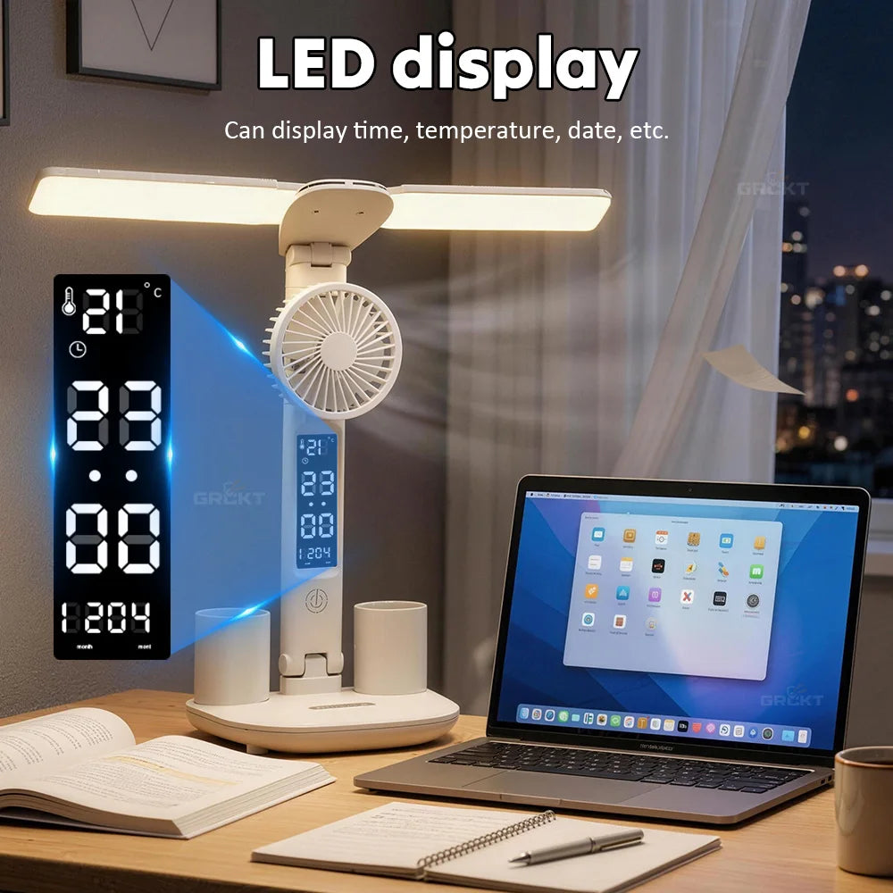 Double Headed Table Lamp With Fan Eye Protection Table Lamp LED Rechargeable Dimmable Smart Display Study Reading Night Light
