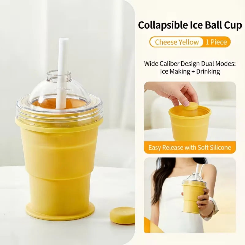 Portable Foldable Ice Cup With Built-In Straw Lightweight Durable Travel Outdoor Sports Use