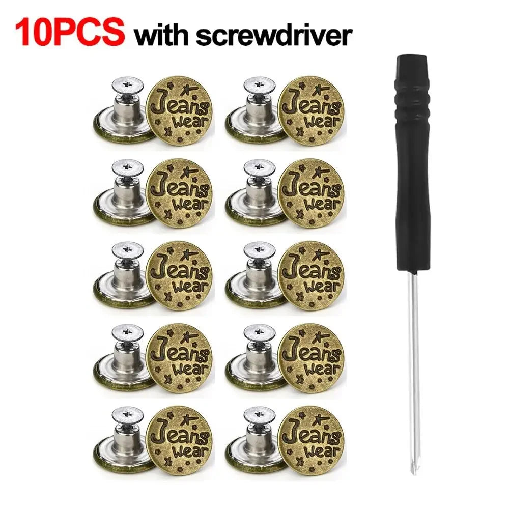 10Pcs Metal Jeans Buttons 17mm Replacement No-Sewing Screw Button Repair Kit Nailless Removable Jean Buckles Clothing Pants Pins