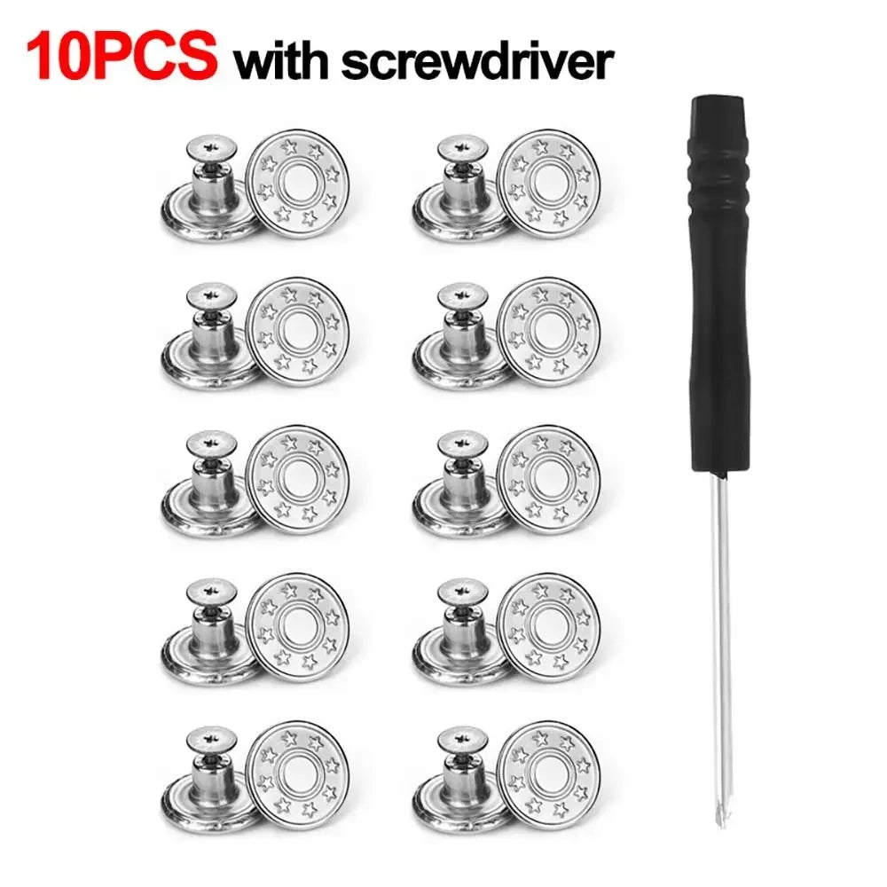 10Pcs Metal Jeans Buttons 17mm Replacement No-Sewing Screw Button Repair Kit Nailless Removable Jean Buckles Clothing Pants Pins