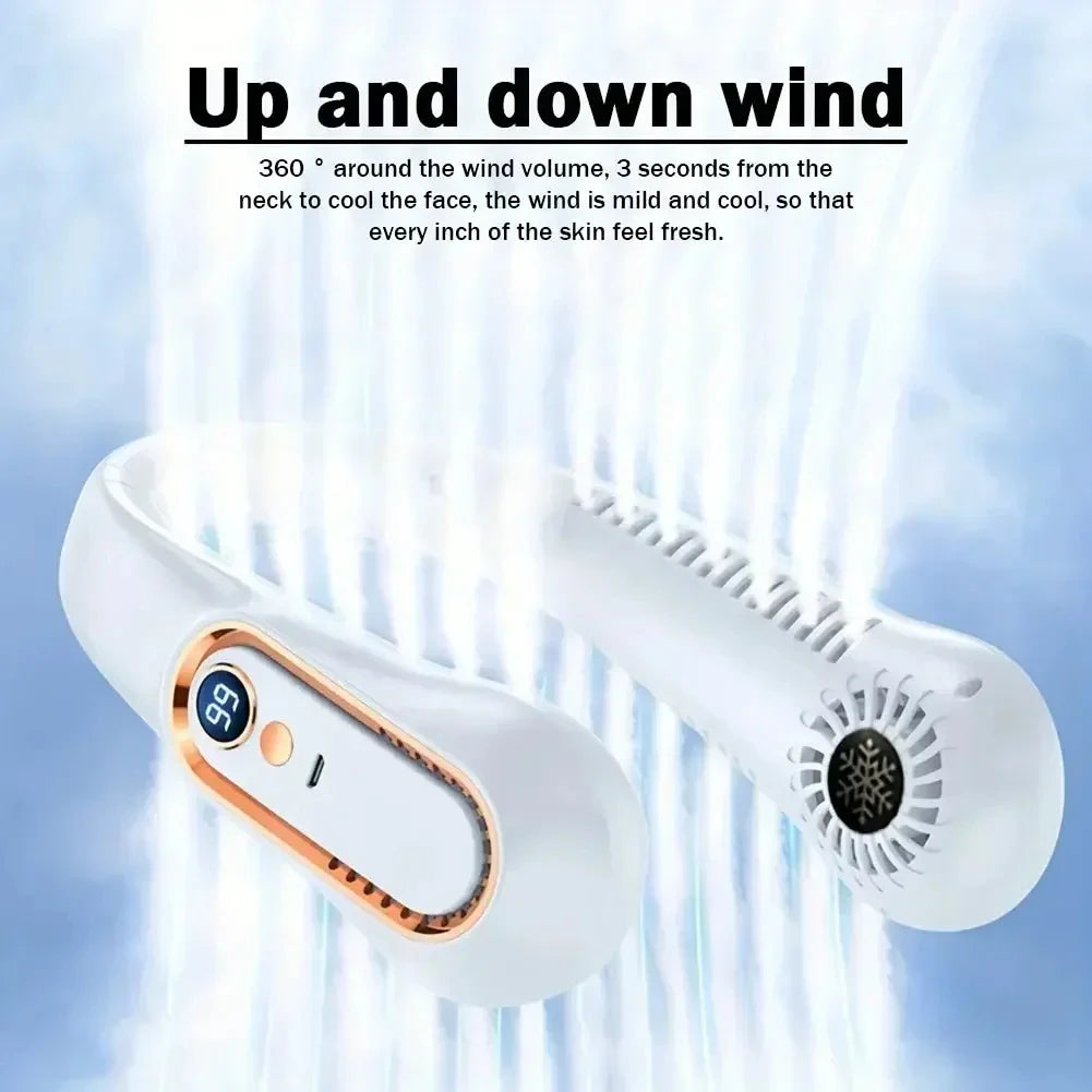 Hanging neck style leafless portable USB charging air cooler comes with 5-speed adjustment and LED display