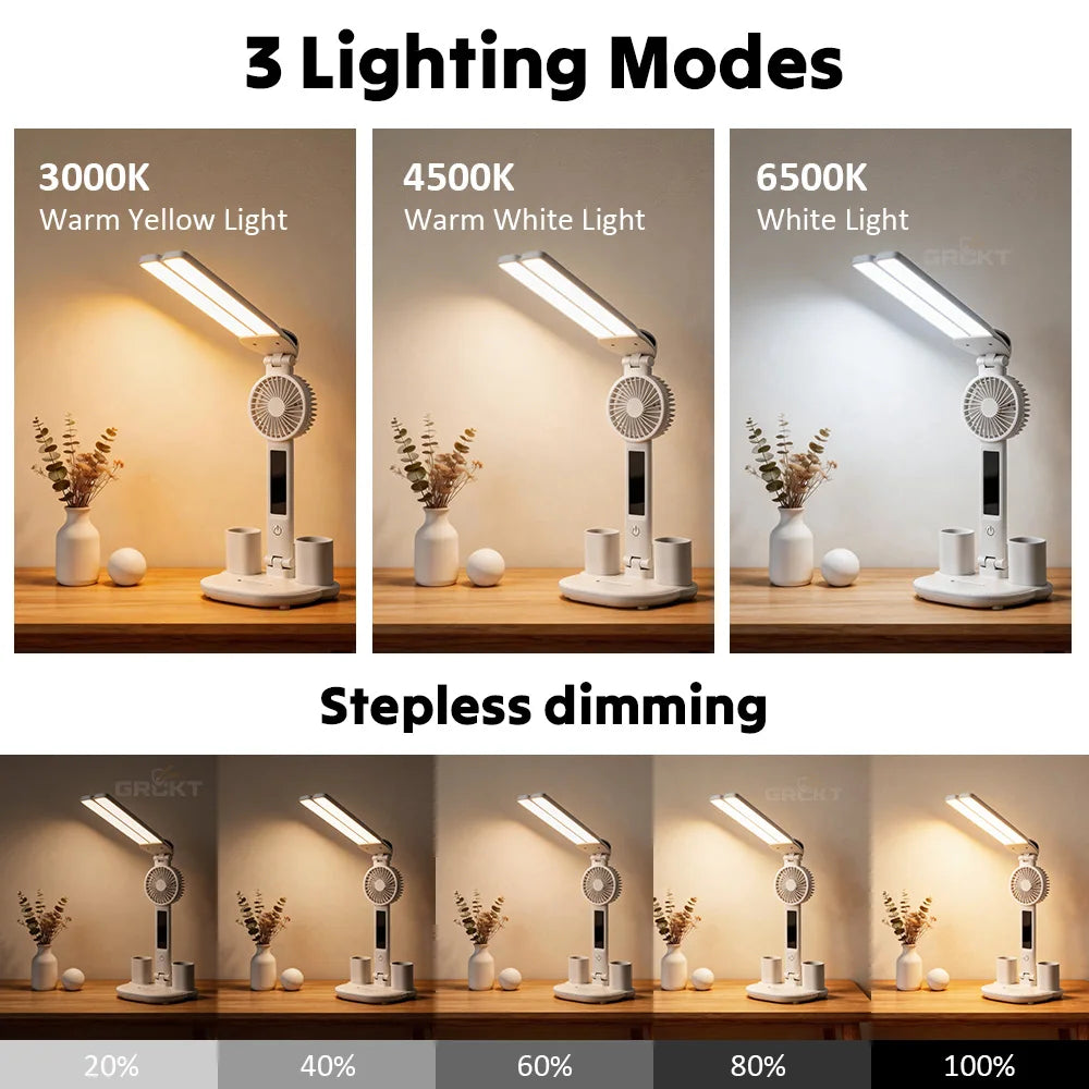 Double Headed Table Lamp With Fan Eye Protection Table Lamp LED Rechargeable Dimmable Smart Display Study Reading Night Light Secondary image
