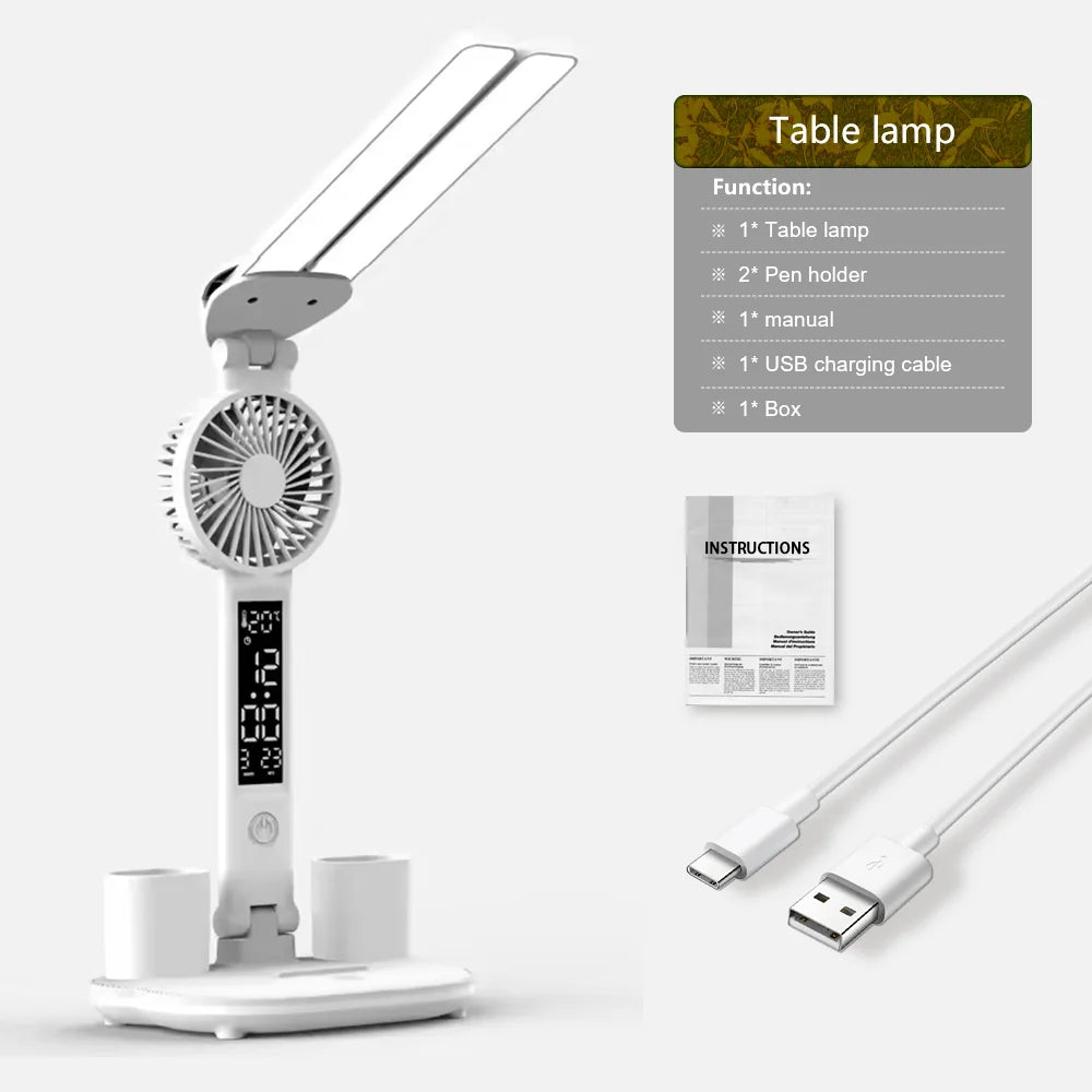 Double Headed Table Lamp With Fan Eye Protection Table Lamp LED Rechargeable Dimmable Smart Display Study Reading Night Light