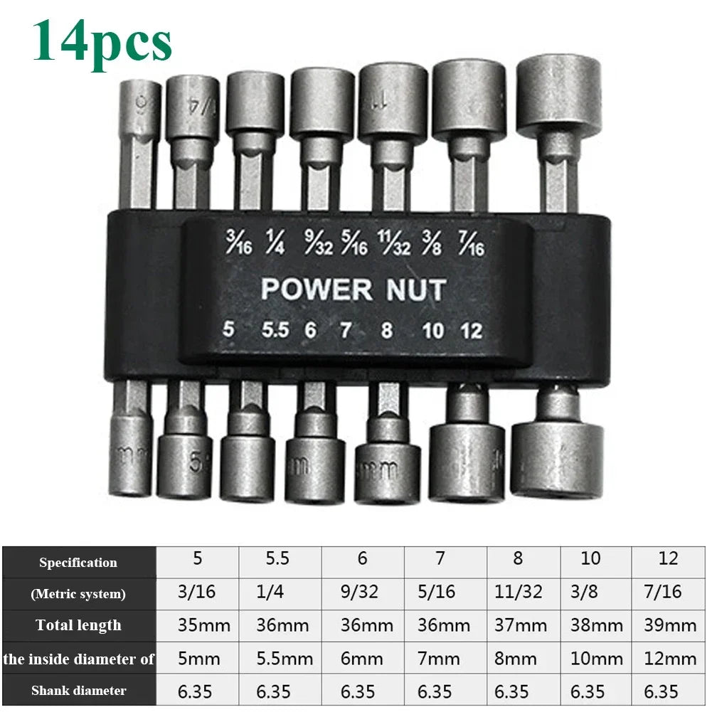 14pcs Hex Socket Sleeve Nozzles Nut Driver Set Power Nuts Driver Socket Screwdriver Set Bits Sets Tools 5mm-13mm