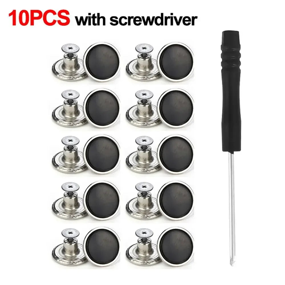 10Pcs Metal Jeans Buttons 17mm Replacement No-Sewing Screw Button Repair Kit Nailless Removable Jean Buckles Clothing Pants Pins