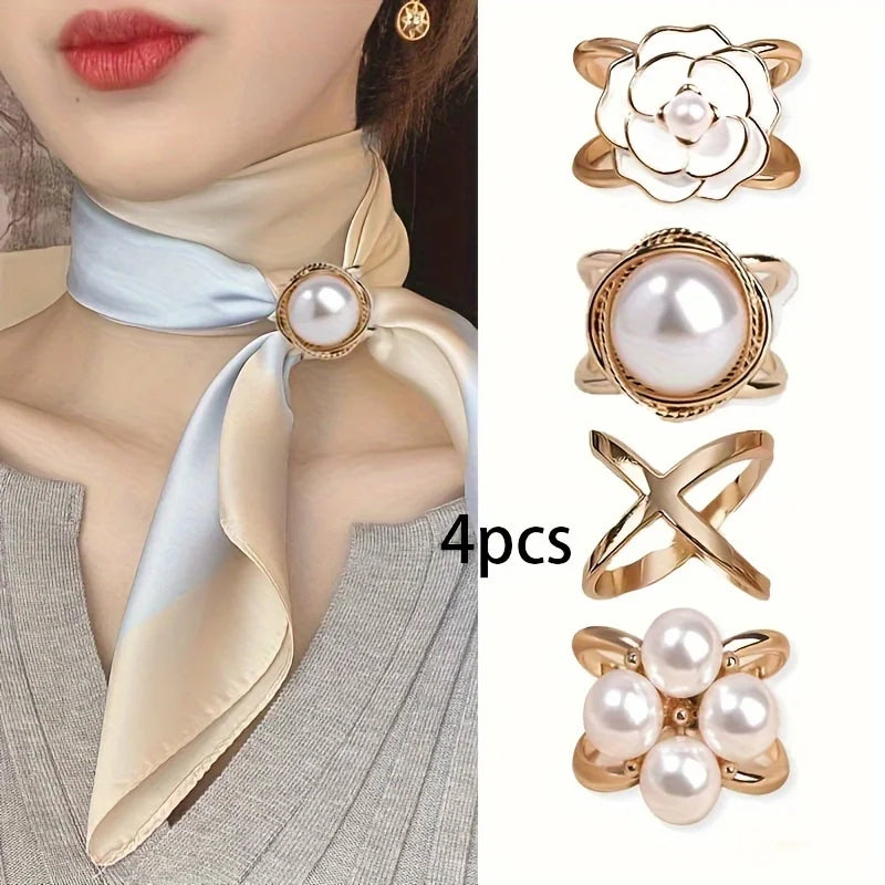4-Piece Elegant Rose Gold Faux Pearl Scarf Clip Set - Versatile Metal Square Knot and Ring Clasp Clips, Secure Fastening