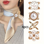 4-Piece Elegant Rose Gold Faux Pearl Scarf Clip Set - Versatile Metal Square Knot and Ring Clasp Clips, Secure Fastening
