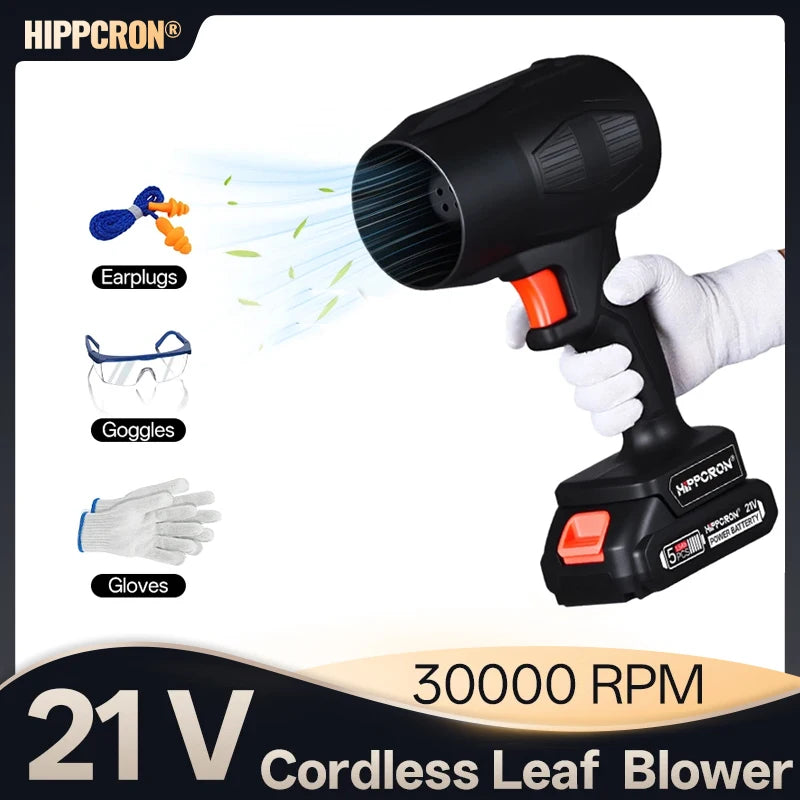 Hippcron 21V Cordless Leaf Blower 30000RPM Powerful High-Speed Motor USB-Cable Clutter Clearing Fallen Leaves/Debris