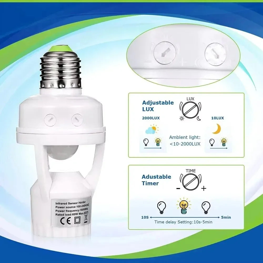 Motion Sensor Light Socket Smart Screw in Light Bulb Outlet for E27 Motion Activated Bulb Holder Adapter Automatic Control