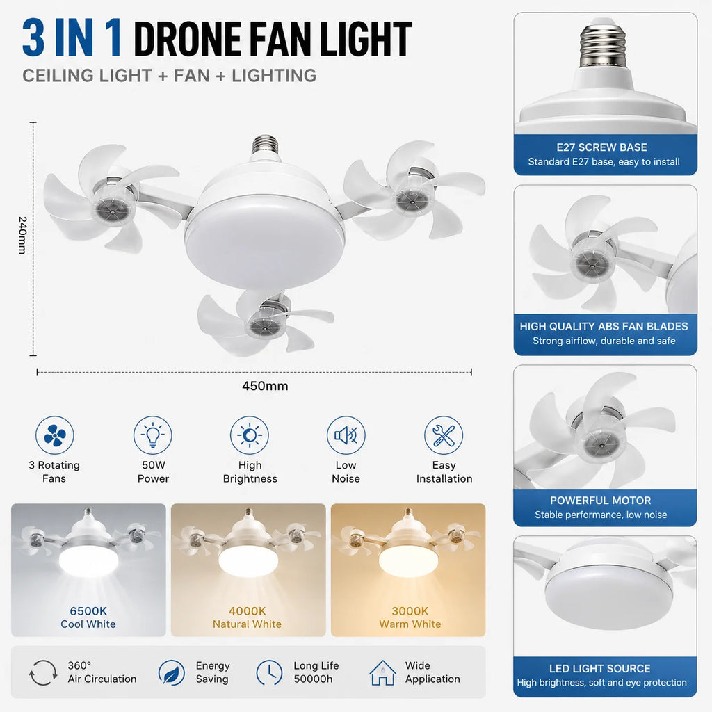 Drone Design Silent Ceiling Fan Light E27 Base Remote Controlled Dimmable 3 Color LED Ceiling Fanlight for Living Room Bedroom