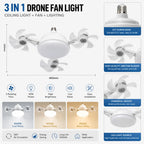 Drone Design Silent Ceiling Fan Light E27 Base Remote Controlled Dimmable 3 Color LED Ceiling Fanlight for Living Room Bedroom
