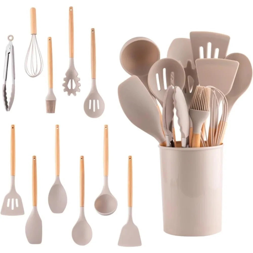 12Pcs Food Grade Silicone Cooking Utensil Set Natural Wooden Handle Heat Resistant Non-Stick Kitchen Tools with Storage Holder