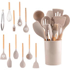 12Pcs Food Grade Silicone Cooking Utensil Set Natural Wooden Handle Heat Resistant Non-Stick Kitchen Tools with Storage Holder