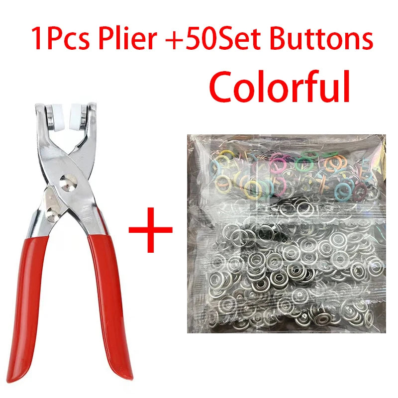 50Set Colorful Metal Sewing Buttons Plier Tool Hollow/Solid Prong Press Studs Snap Fasteners for Installing Clothes Bags